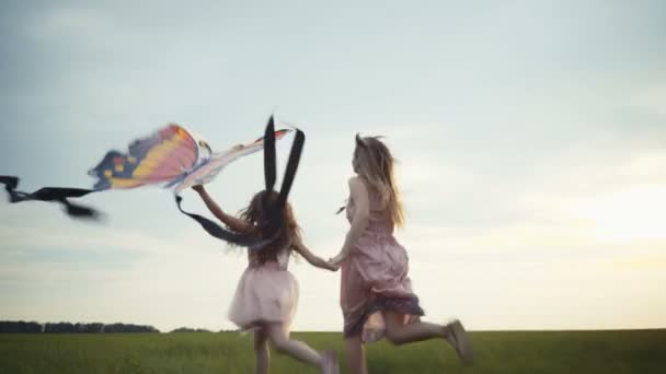 女孩在田野上围着风筝到处跑。自由概念. — 图库视频影像