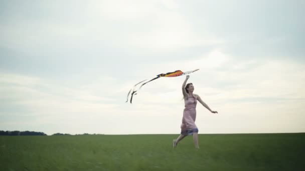 Girl running around with a kite on the field. Freedom concept. — Stock Video