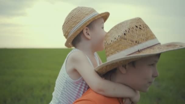 Dos hermanos están caminando en el campo en sombreros de paja en el verano . — Vídeo de stock