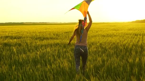 女孩在田野里围着风筝奔跑. — 图库视频影像