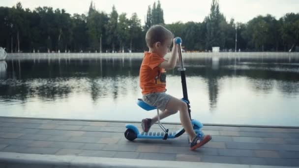 Glad liten pojke två år gammal, ridning en skoter i en sommar park — Stockvideo