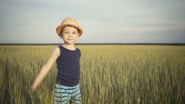 Chłopiec biegną na zielonym polu o zachodzie słońca — Wideo stockowe