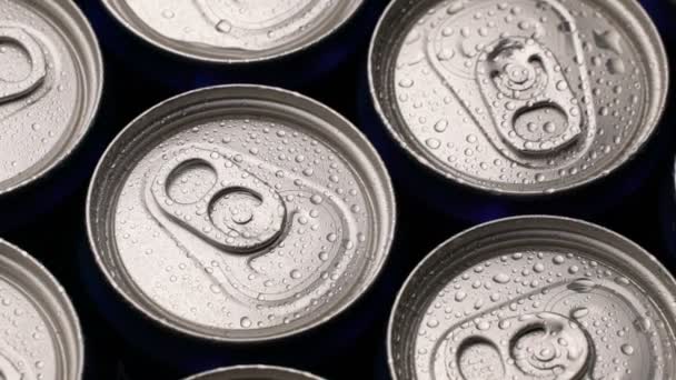Footage water droplets on can of soda or beer rotate background. — Stock Video