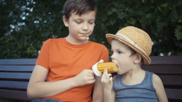 Beeldmateriaal twee broers eten gekookte maïs zittend op bankje in park — Stockvideo
