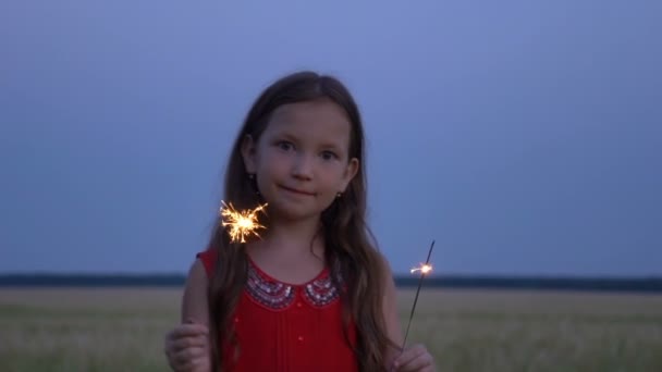 Porträt eines Mädchens mit Wunderkerzen in der Hand am Abend. — Stockvideo