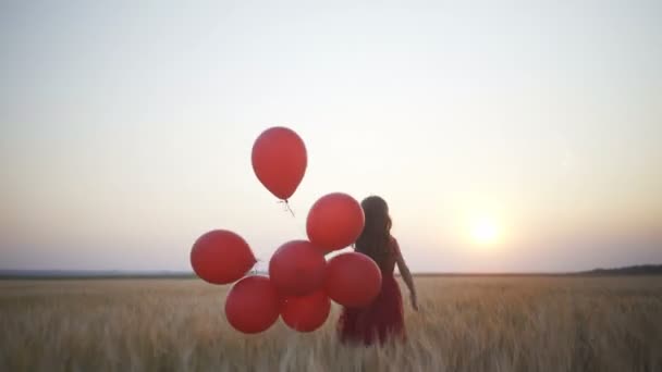 Glad ung flicka med ballonger som körs i fältet vete vid solnedgången — Stockvideo