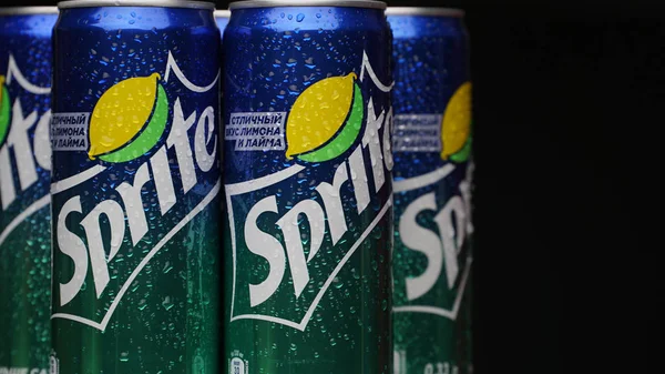 Samara, Russian Federation - July 22, 2018 Sprite can on black background. Sprite is one of the popular drinks. — Stock Photo, Image