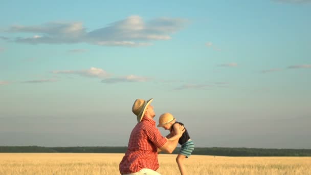 Młody ojciec gra z synem na polu pszenicy — Wideo stockowe
