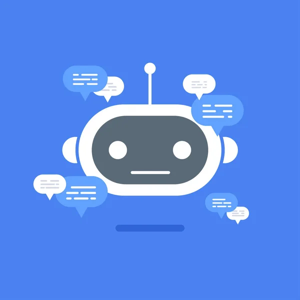 Vector moderno bot de chat plano con iconos de burbuja de voz sobre fondo azul . — Archivo Imágenes Vectoriales