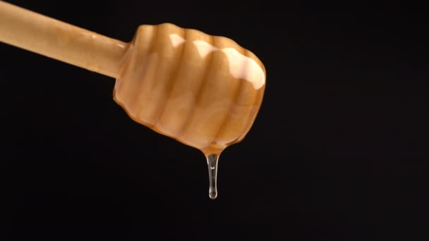 Filmación miel orgánica goteando de cuchara de miel de madera sobre fondo negro . — Vídeos de Stock