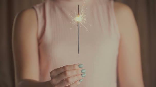 Mulher filmagem segurando sparkler e celebrando o novo ano ou negócio de sucesso . — Vídeo de Stock