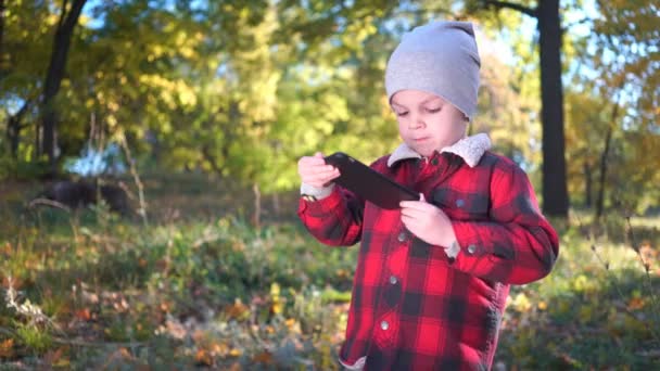 Fiú van játék őszi parkban smartphone. — Stock videók