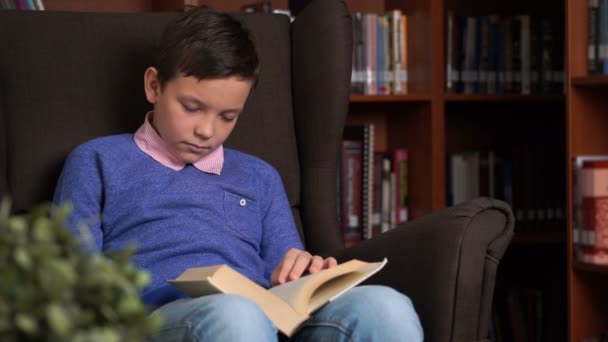 Porträtt av skolpojke gör sina läxor och sover i en stol — Stockvideo