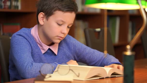 Портрет школьника, делающего домашнее задание и спящего на книге — стоковое видео