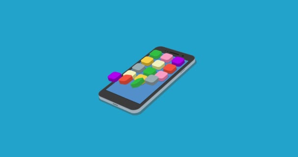 Platte smartphone met app pictogrammen beweging achtergrond instellen — Stockvideo