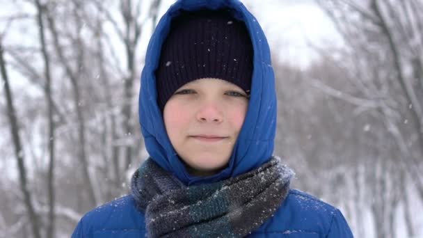 Porträtt av en ung kille i skogen vintern, snön faller — Stockvideo