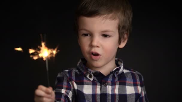 Gelukkig schattige jongen houdt een sparkler. — Stockvideo