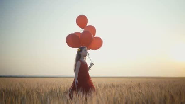Menina feliz com balões correndo no campo de trigo ao pôr do sol. 4k vídeo . — Vídeo de Stock