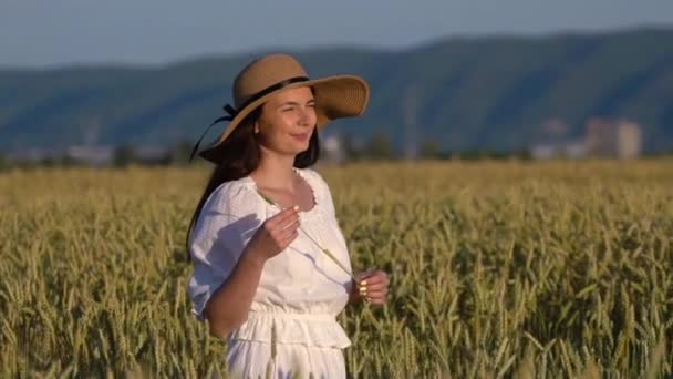 Een jong meisje wandelen in slow motion door middel van een tarwe veld. — Stockvideo