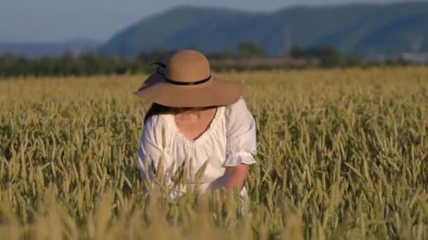 Una joven caminando en cámara lenta a través de un campo de trigo . — Vídeo de stock