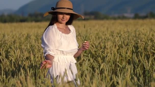 Uma jovem caminhando em câmera lenta através de um campo de trigo . — Vídeo de Stock