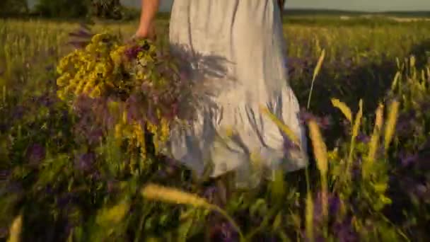 Jeune femme marchant avec bouquet de fleurs de champ . — Video