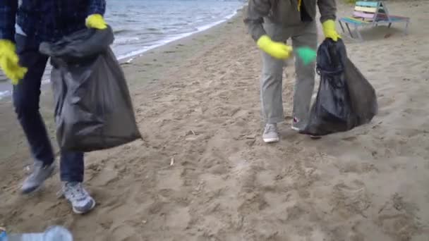 Önkéntesek felemeli szemetet a strandon — Stock videók