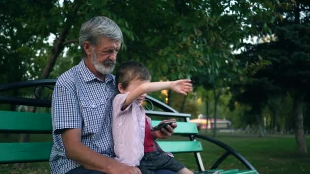 Avô e neto sênior estão sentados em um banco no parque e jogando em um smartphone — Vídeo de Stock