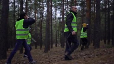 Yeşil yelekli bir grup gönüllü bir çam ormanında kayıp kişileri aramaya gitti.