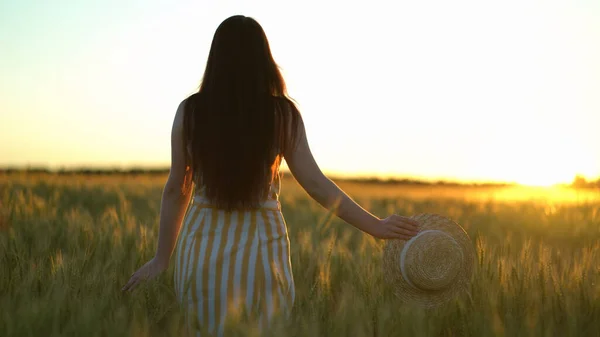Mulher bonita com um chapéu em suas mãos caminha no campo verde. Mulher romântica caminha no campo no dia de verão — Fotografia de Stock