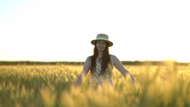 Жінка ходить у полі з відкритими руками — стокове відео
