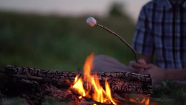 Jonge toerist roosterend marshmallow over het kampvuur bij de camping — Stockvideo