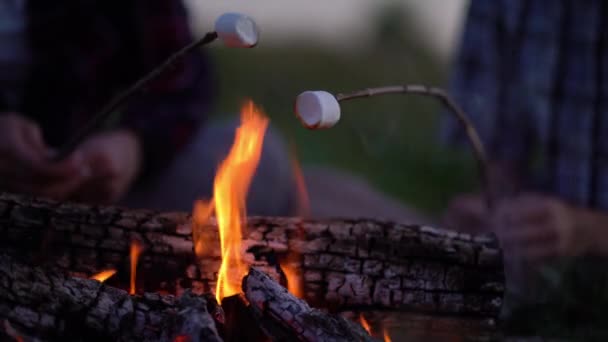 Młody turysta piecze piankę nad ogniskiem w pobliżu kempingu — Wideo stockowe