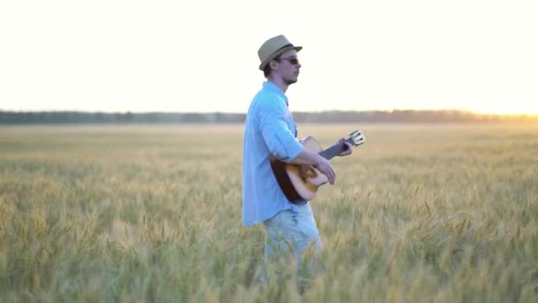 Gra na gitarze akustycznej na zewnątrz w polu pszenicy — Wideo stockowe