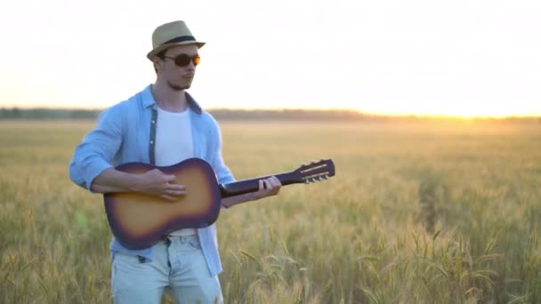 Komik adam buğday tarlasında gitar çalıyormuş gibi yapıyor. — Stok video