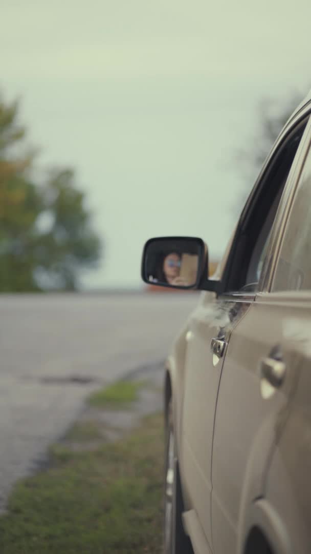 Driver throwing away pizza and hamburger box from car window on road — Stock Video