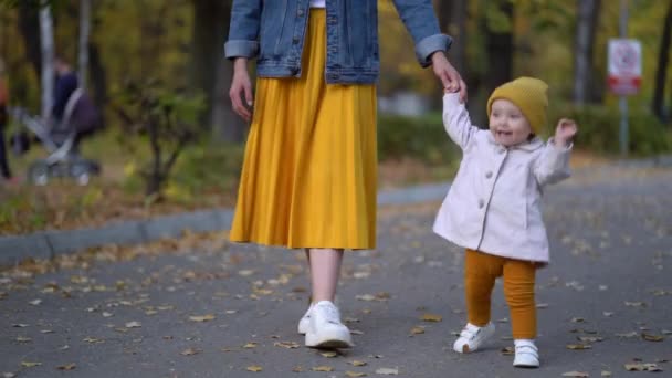 Όμορφη κόρη παιδί περπατώντας με τη μαμά στο πάρκο — Αρχείο Βίντεο