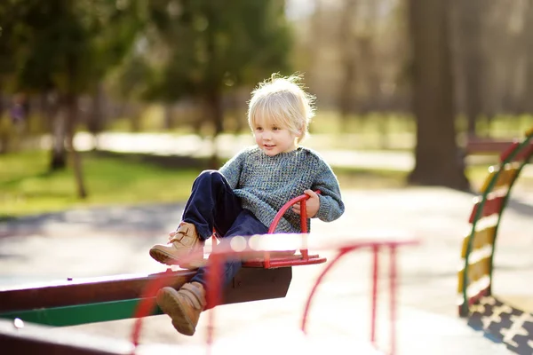 Little Boy Having Fun Carousel Outdoor Playground Spring Autumn Active — Stock Photo, Image