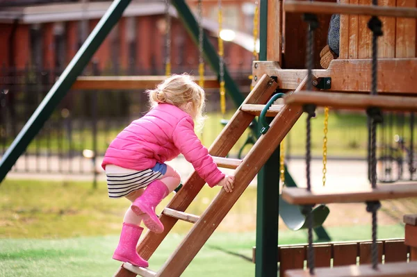 Cute Little Girl Having Fun Outdoor Playground Spring Summer Autumn — Stock Photo, Image