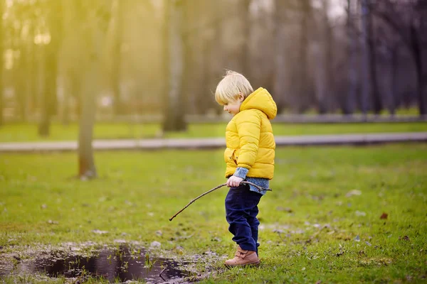 Little Boy Playing Puddle Stick Stroll Park Spring Summer Autumn — Stock Photo, Image