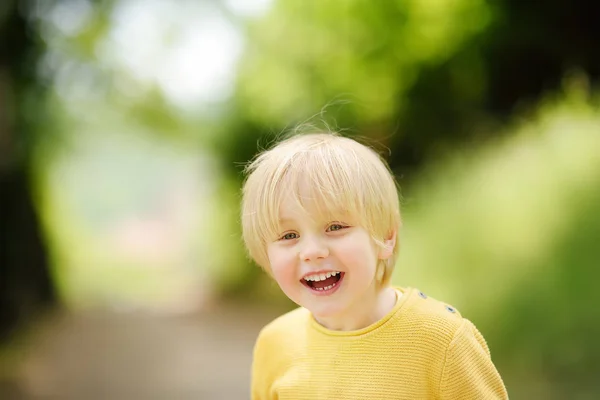 Niño Alegre Disfrutando Cálido Día Verano Niño Activo Jugando Parque —  Fotos de Stock