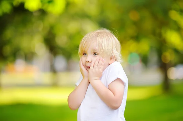 Außenporträt Des Süßen Emotionalen Kleinen Jungen Kleines Kind Überrascht — Stockfoto