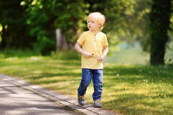 Niño Alegre Disfrutando Cálido Día Verano Niño Activo Jugando Parque —  Fotos de Stock