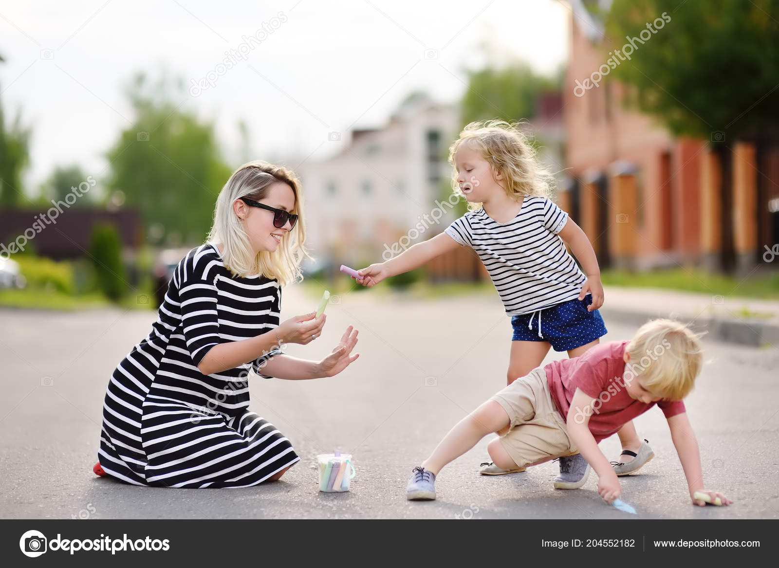 Happy Mother Little Boy Girl Drawing Colored Chalk Asphalt