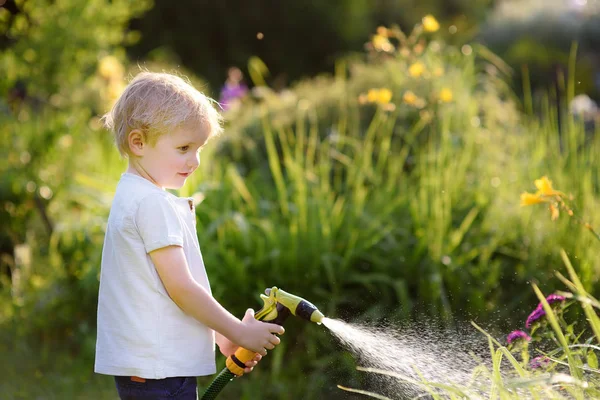 在阳光明媚的后院玩花园软管的滑稽小男孩 学前儿童玩喷雾水的乐趣 儿童夏季户外活动 — 图库照片