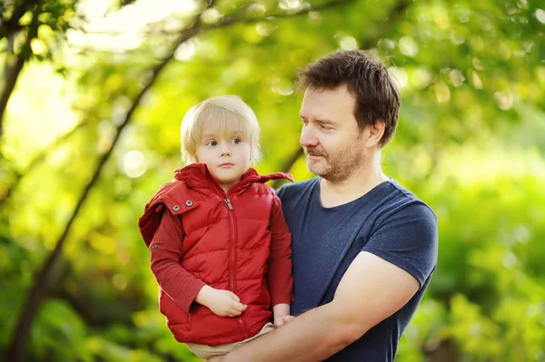 Father His Little Son Hiking Activities Forest Sunset Family Walking — Stock Photo, Image