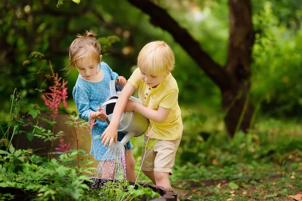 Bonito Menino Menina Regando Plantas Jardim Verão Dia Ensolarado Ajudantes — Fotografia de Stock