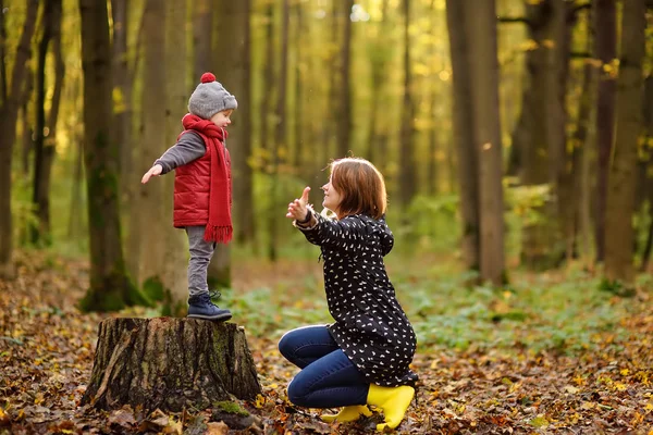 Kleiner Junge Mit Seiner Jungen Mutter Bei Einem Waldspaziergang Aktive — Stockfoto