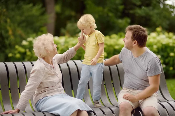 Mooie Bejaarde Vrouw Haar Gegroeid Ups Zoon Haar Kleine Kleinzoon — Stockfoto