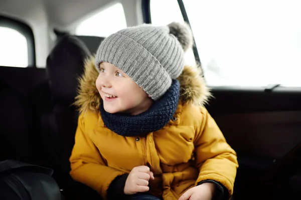Portrait Pretty Little Boy Sitting Car Seat Roadtrip Travel Family — Stock Photo, Image